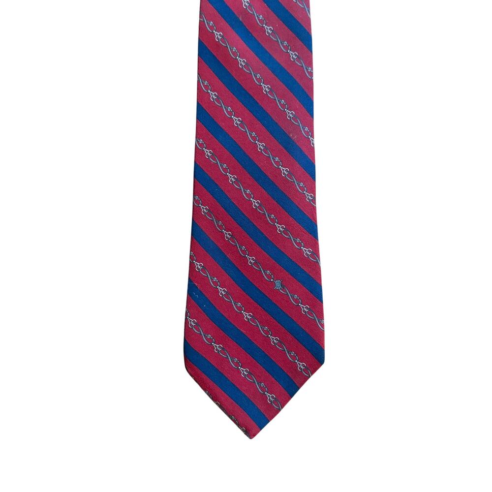 [Vintage] Celine Paris Maroon and Navy Blue Chain Striped 100% Silk Neck Tie